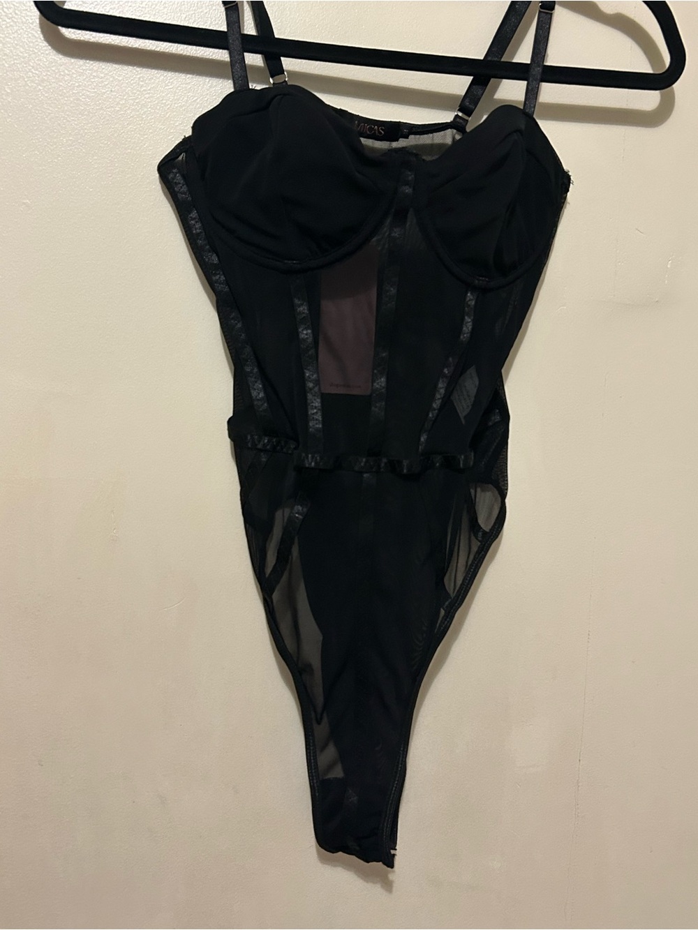 NWT Micas Sheer Mesh Black Bustier Bodysuit  Sz M with Underwire Support